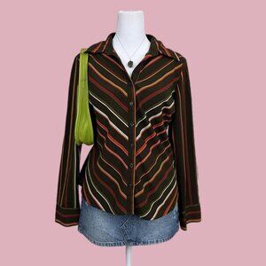 brown multicolor striped long sleeve button up blouse